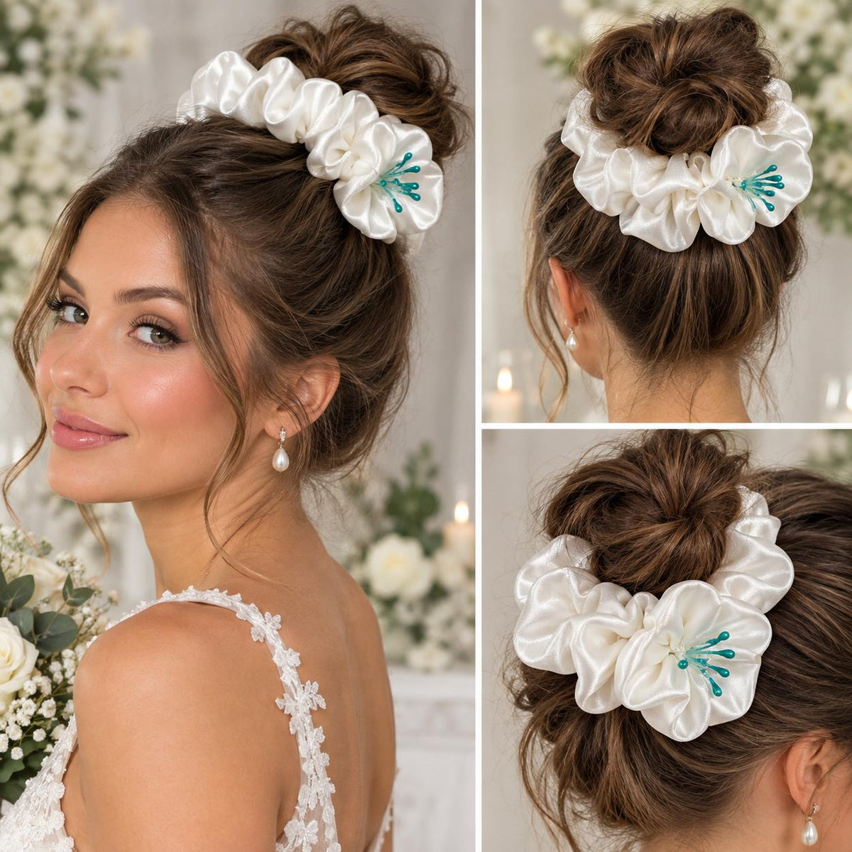 White Scrunchie with Flower Detail