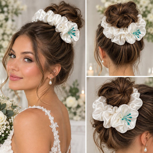 White Scrunchie with Flower Detail