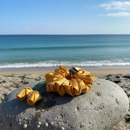 Gold Scrunchie with Hanging Rose Bud Detail