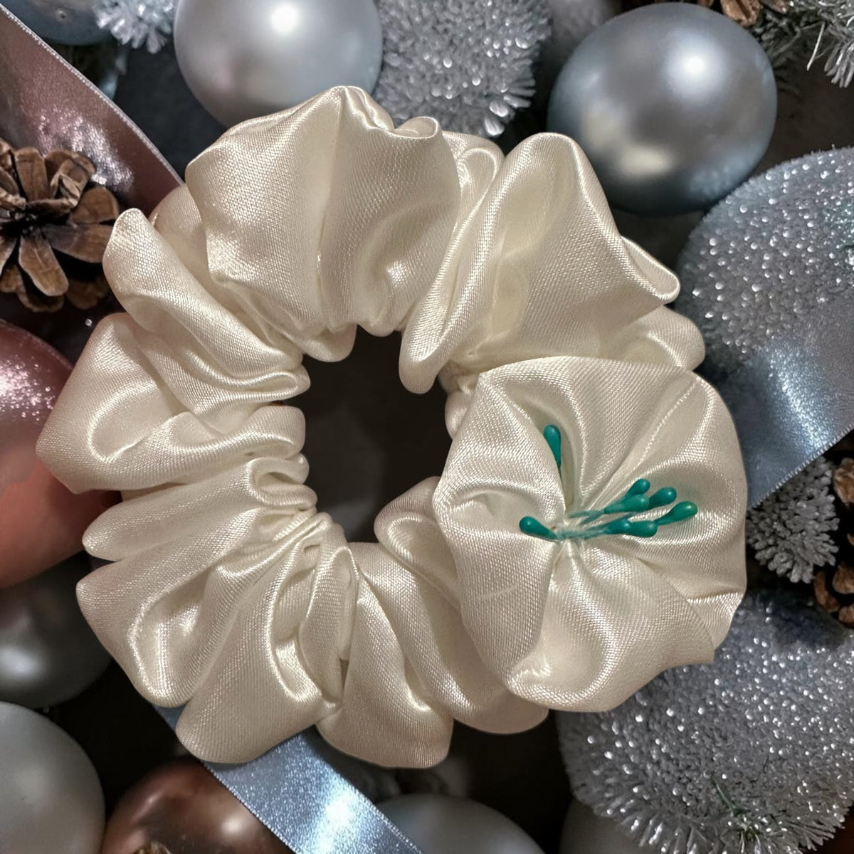 White Scrunchie with Flower Detail