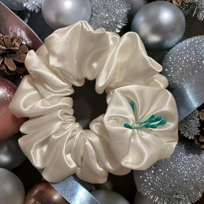 White Scrunchie with Flower Detail