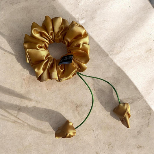 Gold Scrunchie with Hanging Rose Bud Detail